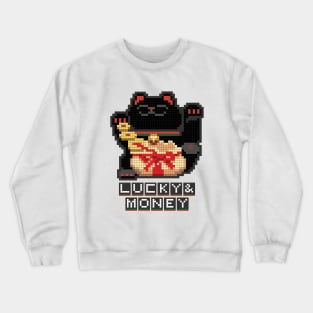 Kuro Maneki Neko Lucky & Money Japanese chubby black cat pixel art Crewneck Sweatshirt